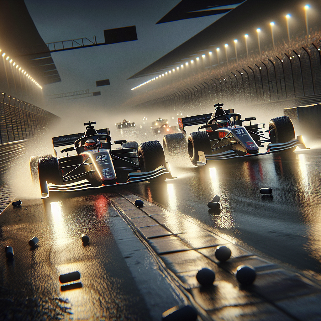 Борьба за лидерство в Формуле‑1, дуэль пилотов на мокрой ночной трассе.