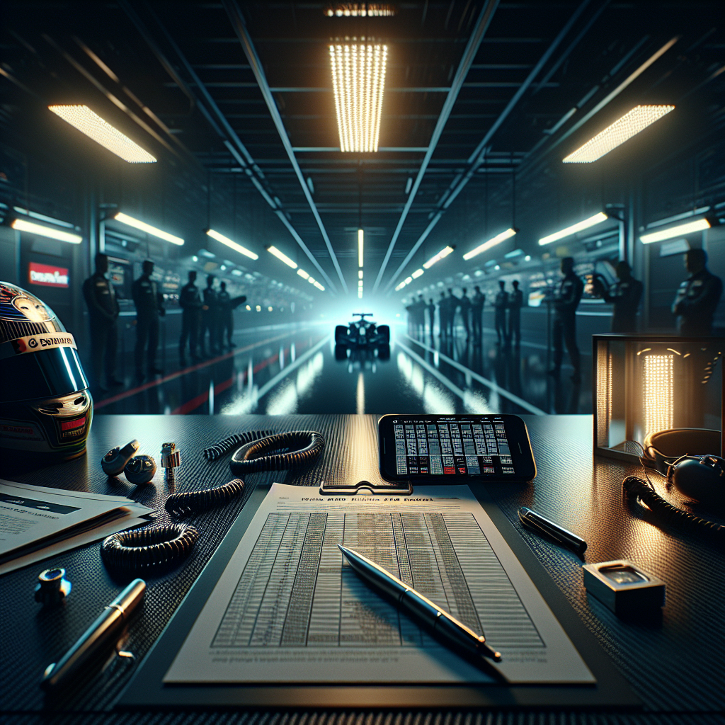 Formula 1 contract negotiations scene with helmet, handshake silhouettes, night paddock